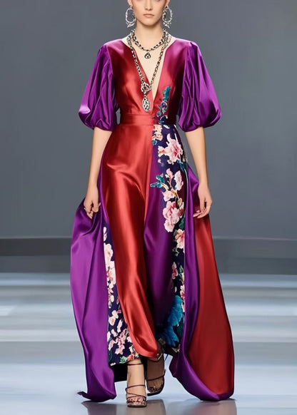 Polychrome Print Silk Maxi Dresses Asymmetrical Design Lantern Sleeve