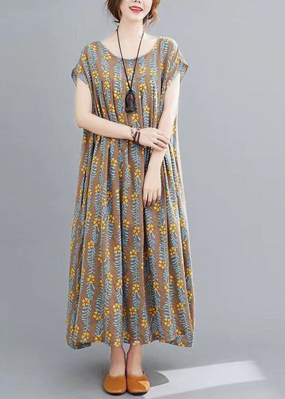 Coffee Print Long Dress Short Sleeve