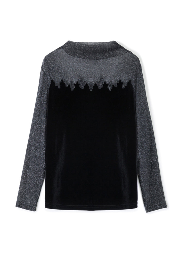 Black Turtleneck Lace Tulle Patchwork Velour Tops Bottoming Shirt