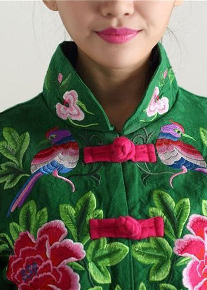 Green Stand Collar Embroideried Cotton Jacket Fall