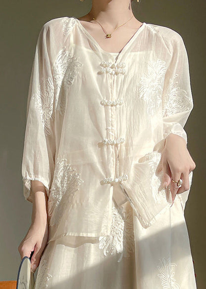 Boutique White Embroidered Chinese Button Silk Three Pieces Set Spring