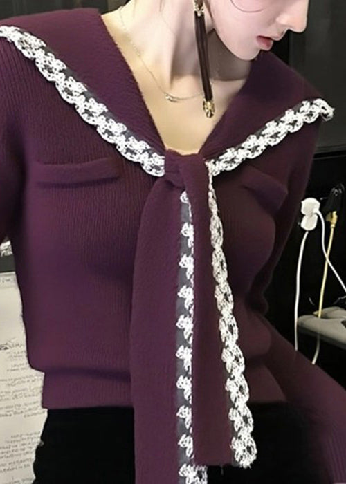 Purple Sailor Collar Lace Patchwork Knit Sweater Winter