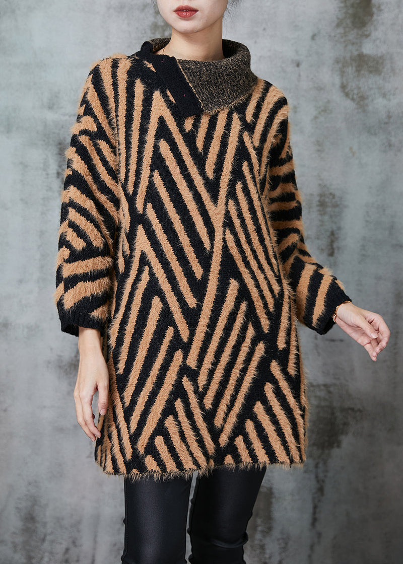 Khaki Turtle Neck Striped Knit Long Sweater Winter