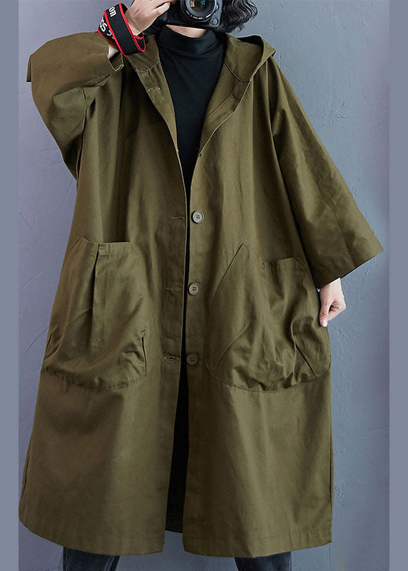 Army Green Pockets Button Fall Hooded Long Sleeve Trench Coats