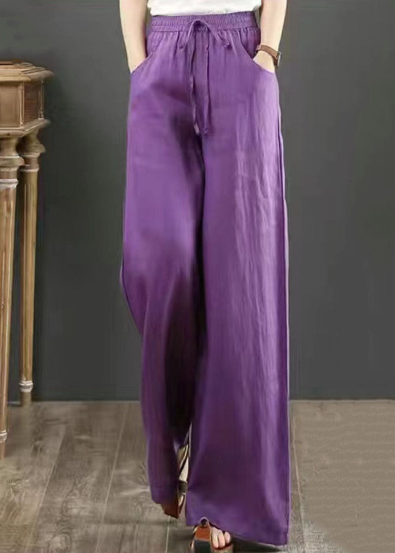 Purple Pockets Elastic Waist Cotton Wide Leg Pants Summer