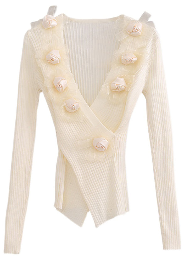 Simple Beige V Neck Knit Top Spring