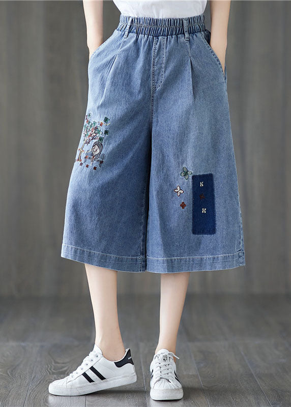 Denim Blue Elastic Waist Embroideried Cotton Wide Leg Pants Summer