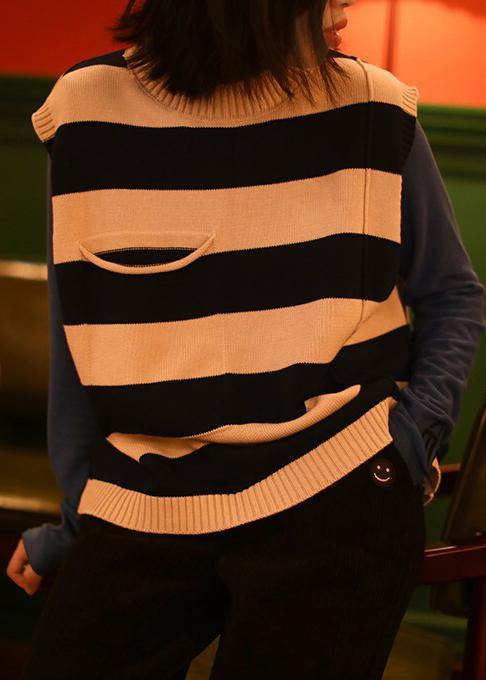 Pullover Chocolate Striped Knit Top Silhouette O Neck Sleeveless Knit Tops