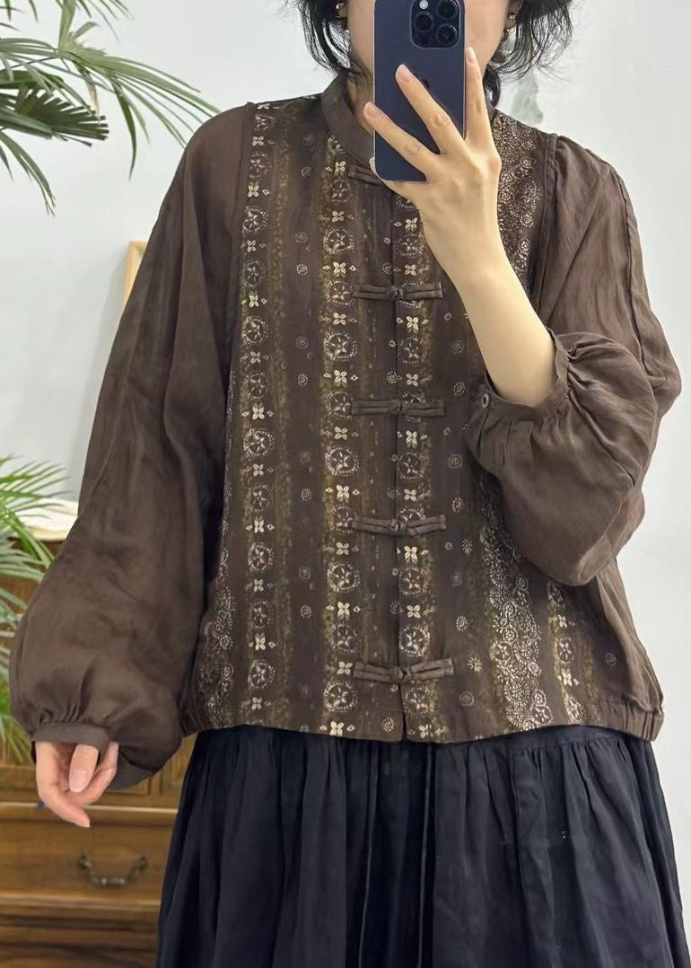 Red Button Print Patchwork Linen Shirts Long Sleeve