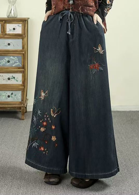 Style Warm Fleece Embroidered Denim Wide Leg Pants