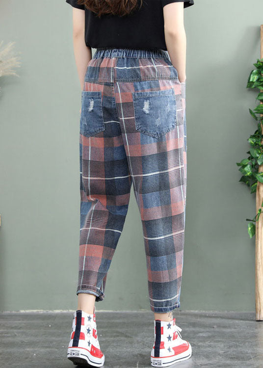 Blue Plaid Patchwork Denim Pants Spring