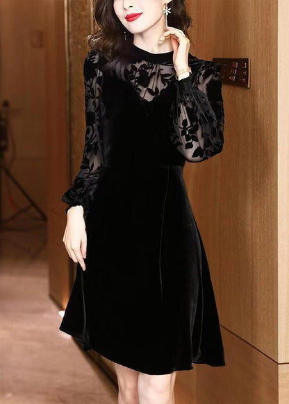 Jacquard Black High Waist Patchwork Silk Velour Dresses Winter