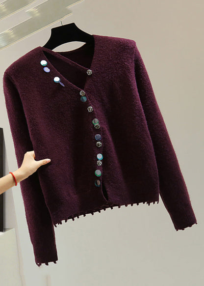 Mulberry V Neck Asymmetrical Sequins Cotton Knit Sweaters Spring