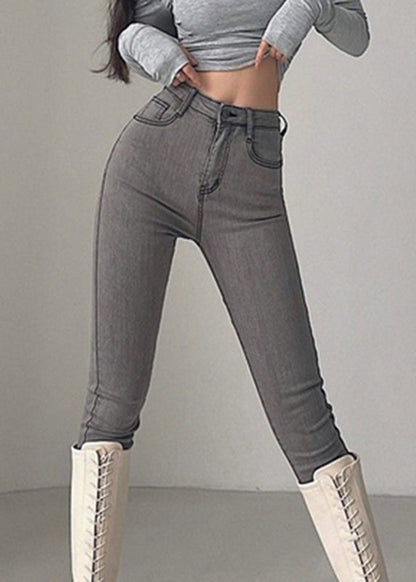 Slim Fit Grey Pockets High Waist Jeans Spring