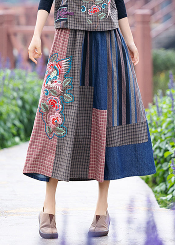 Blue Embroideried Plaid Patchwork Elastic Waist a Line Skirt Summer
