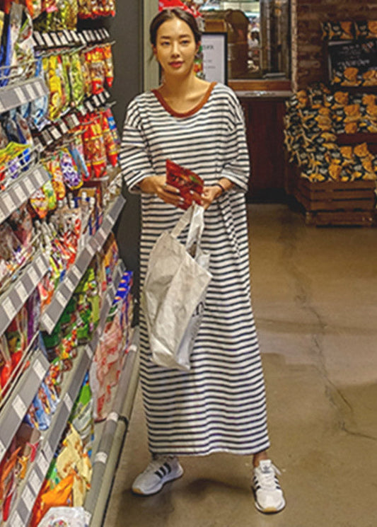Unique Photo Color O-neck Striped Cotton Long Dresses Half Sleeve