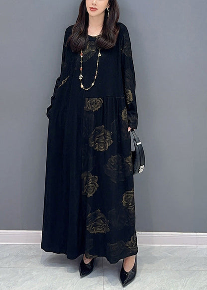 Fine Black O Neck Patchwork Cotton Long Dress Fall
