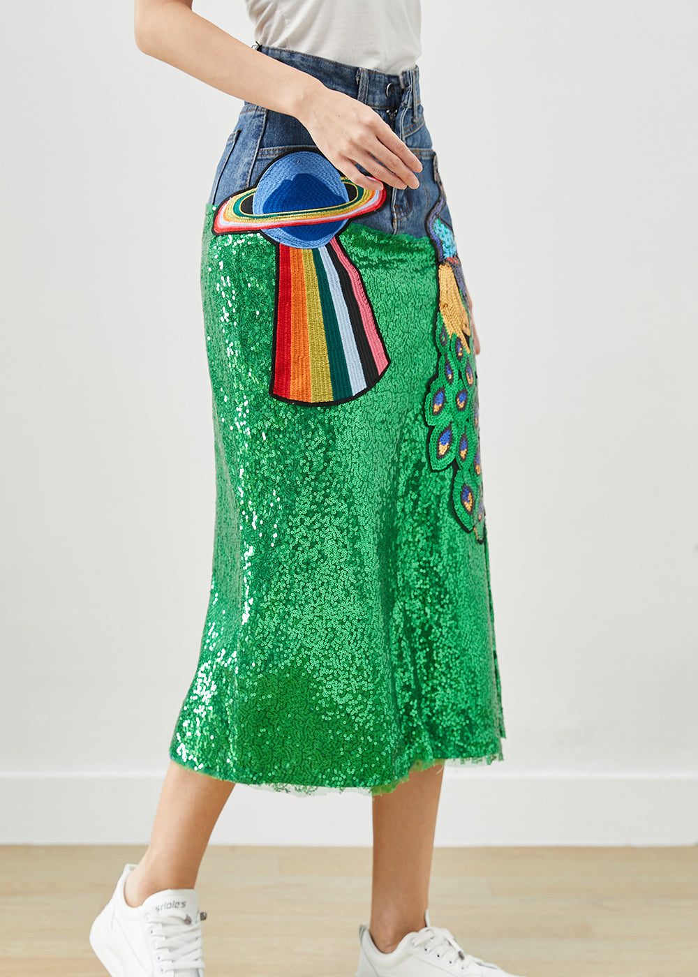 Diy Peacock Embroideried Patchwork Sequins Denim Skirt Fall