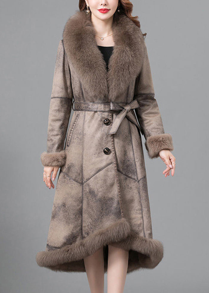Khaki Fox Collar Tie Waist Fuzzy Rabbit Leather and Fur Coats Winter