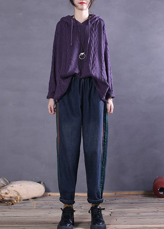 Purple Hooded Drawstring Knit Sweater Tops Spring