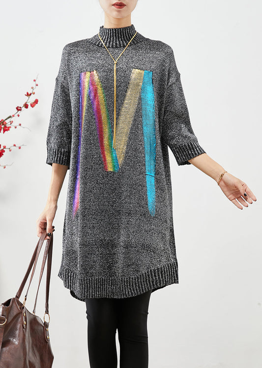 Grey Stand Collar Sequins Knit Sweater Dress Half Sleeve
