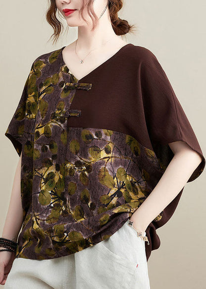 Chocolate V Neck Patchwork Print Oriental Button Cotton Tops Short Sleeve