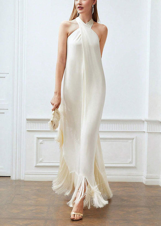 Boutique Beige Tasseled Off the Shoulder Dress Sleeveless