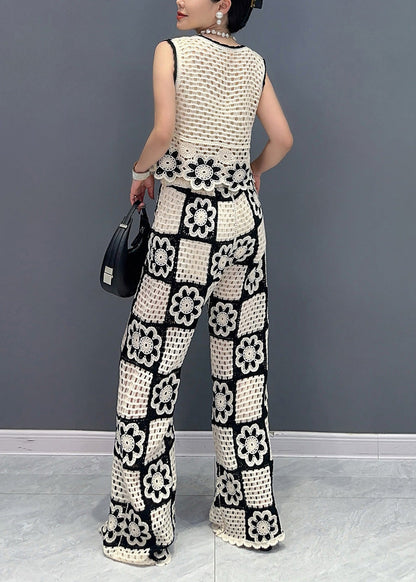 White O Neck Hollow Out Cotton Two-piece Set Sleeveless
