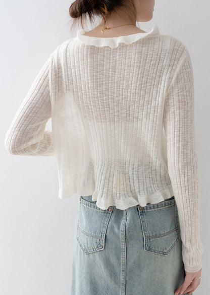 French Black V Neck Ruffled Knit Cardigan Spring