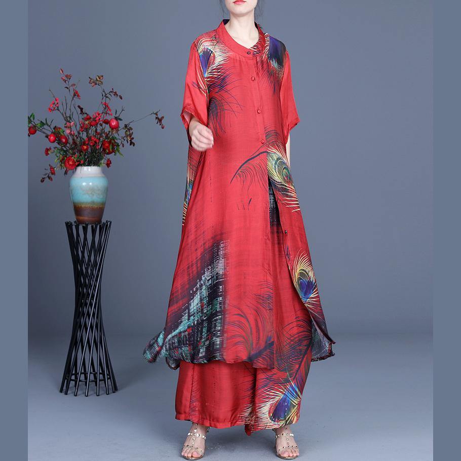 Summer Loose Silk Red Print Coat + Two Piece Pants