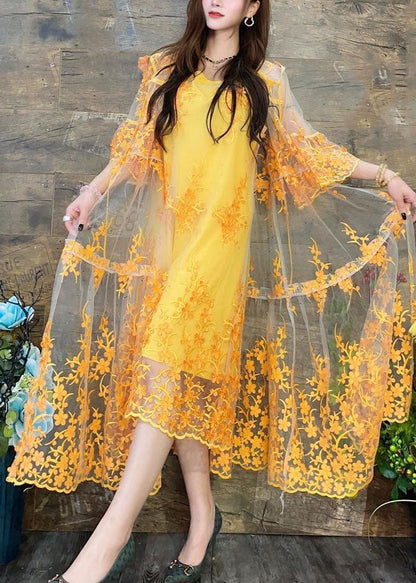 Yellow Hooded Embroideried Patchwork Tulle Two Pieces Set Summer