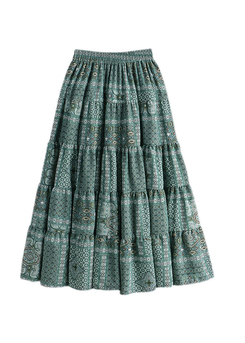 Simple Green Patchwork Elastic Waist Print a Line Skirt Fall