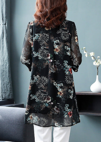 Black Button Peter Pan Collar Print Long Chiffon Blouses Three Quarter Sleeve