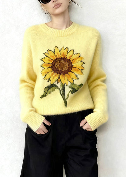 Yellow Oversized Sunflower Jacquard Knitted Tops Winter