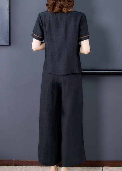 Fitted Black V Neck Patchwork Silk Two Pieces Set Summer