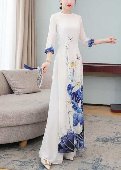 Boutique White O-neck Print Side Open Two Pieces Set Fall