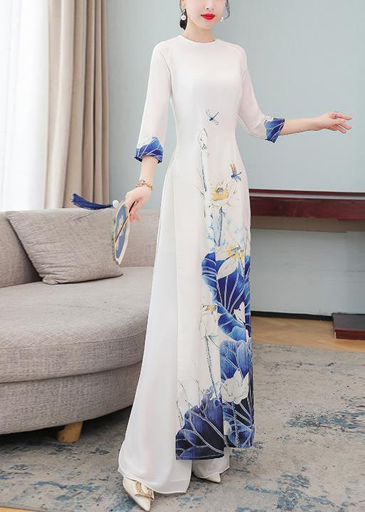 Boutique White O-neck Print Side Open Two Pieces Set Fall