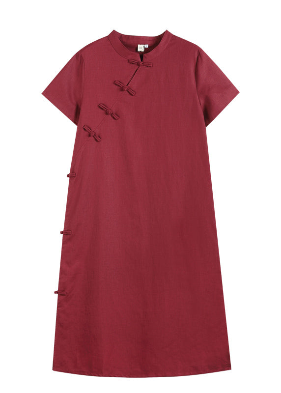 Mulberry Mandarin Collar Oriental Button Side Open Cotton Linen Dresses Short Sleeve