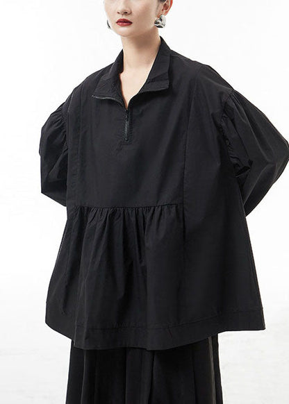 Black Wrinkled Zip Up Shirt Tops Lantern Sleeve