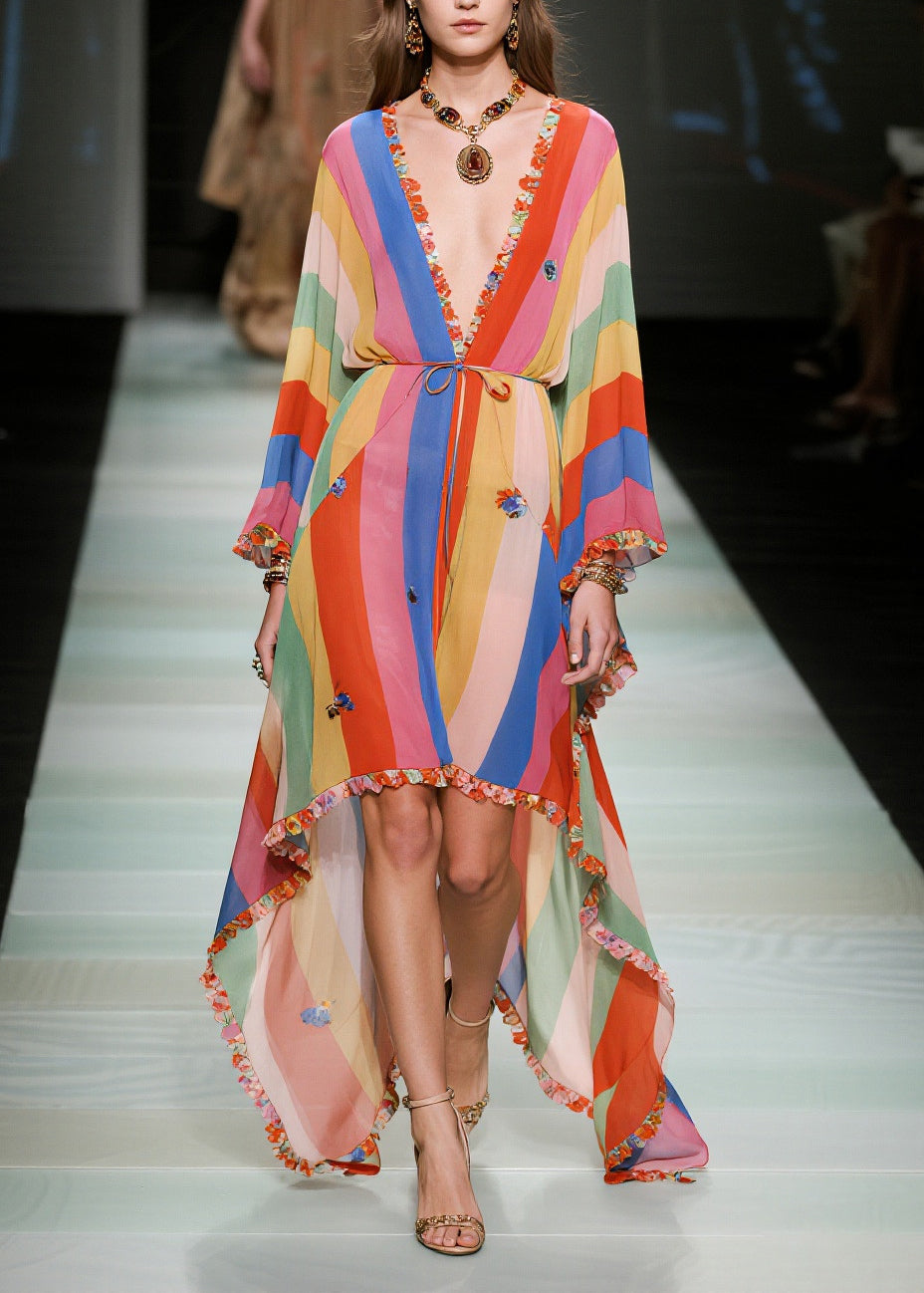 Multicolored Striped Asymmetrical Ruffled Chiffon Holiday Dress Summer