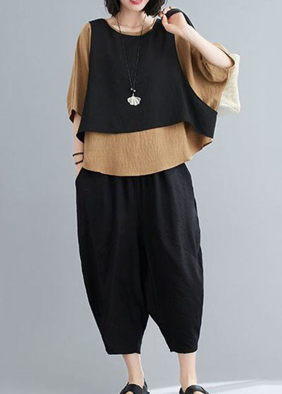 Unique Khaki O-neck Patchwork Cotton Tops and Pants Pieces Set Summer