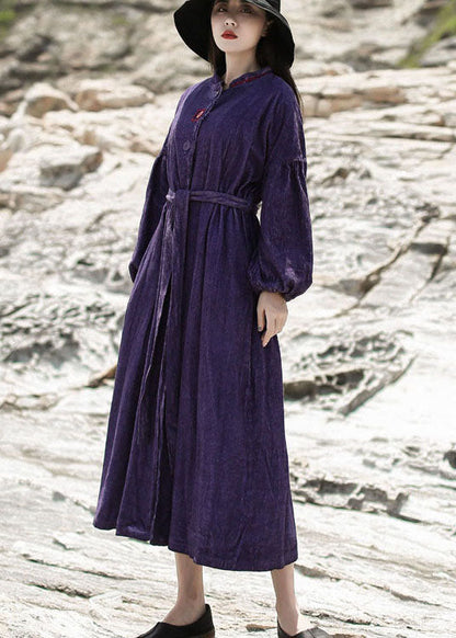 Purple Embroideried Pockets Corduroy Dress Spring
