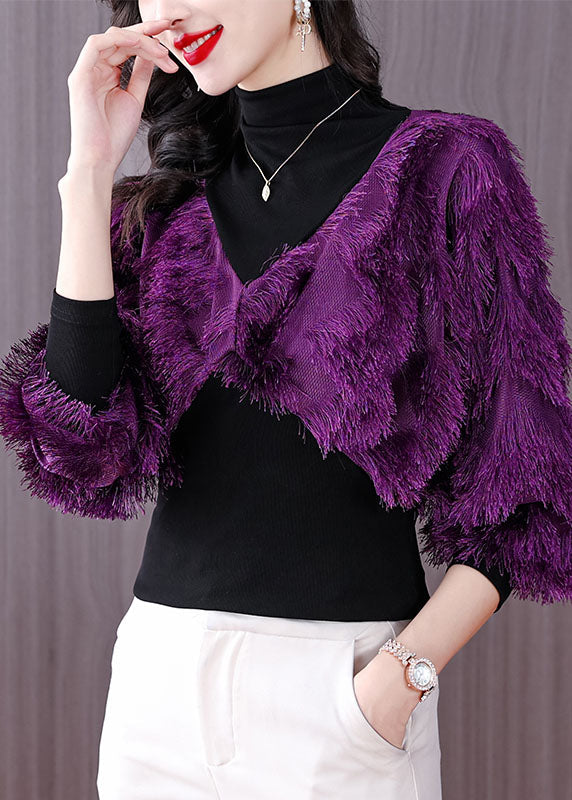 Black Turtleneck Fuzzy Fur Fluffy Patchwork Fake Two Pieces Tops Fall