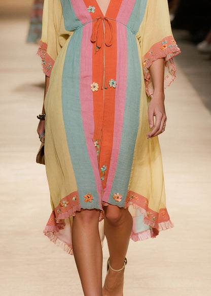 Diy Colorblock Ruffled Patchwork Flower Cotton Vacation Dresses Summer