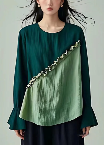 French Light Green O Neck Ruffled Cotton Top Flare Sleeve