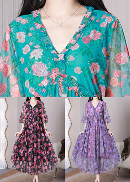 Red Print Ruffled Chiffon Long Dress Half Sleeve