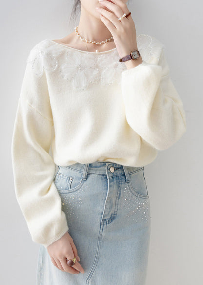 New White O Neck Sequins Knitted Tops Spring