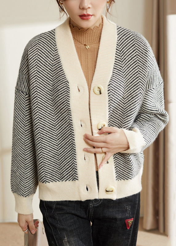 Striped V Neck Button Patchwork Knit Coats Fall
