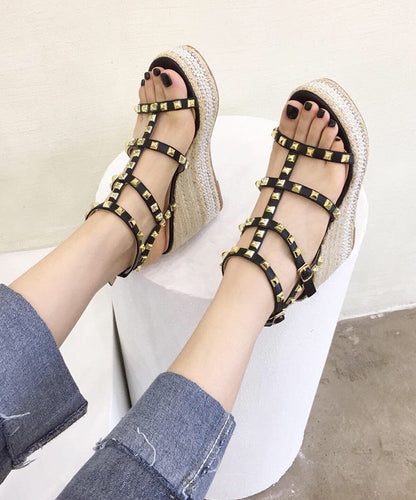 Stylish Apricot High Wedge Heels Peep Toe Sandals Rivet