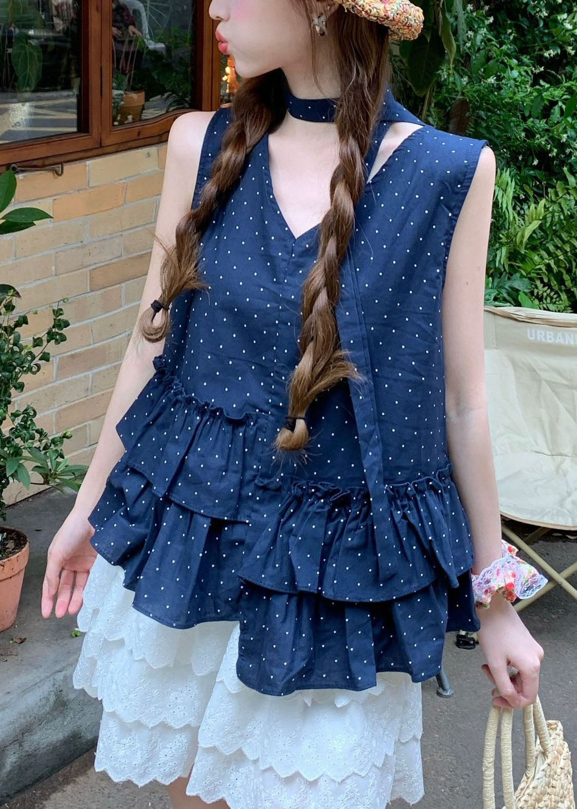 Navy Ruffled Print Cotton Tanks Sleeveless